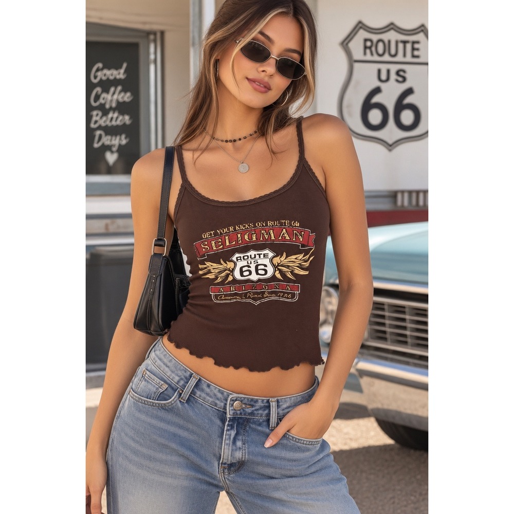 Anvil Route 66 Seligman Arizona Brown Ribbed Cami Tank Top XL Y2K Graphic